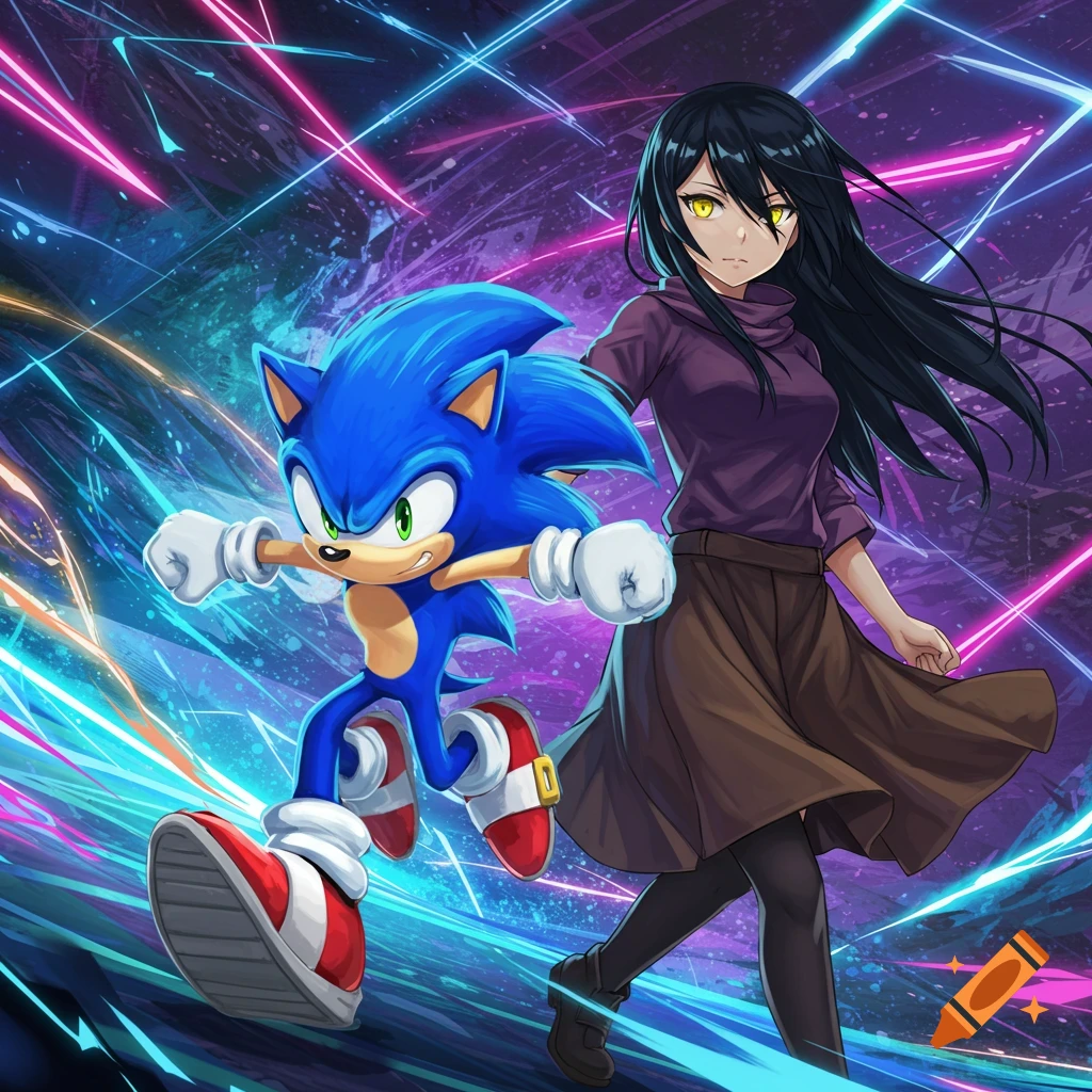 Sonic the Hedgehog and an anime girl with black hair and yellow eyes, wearing a purple shirt and brown skirt, running through a glowing neon landscape.