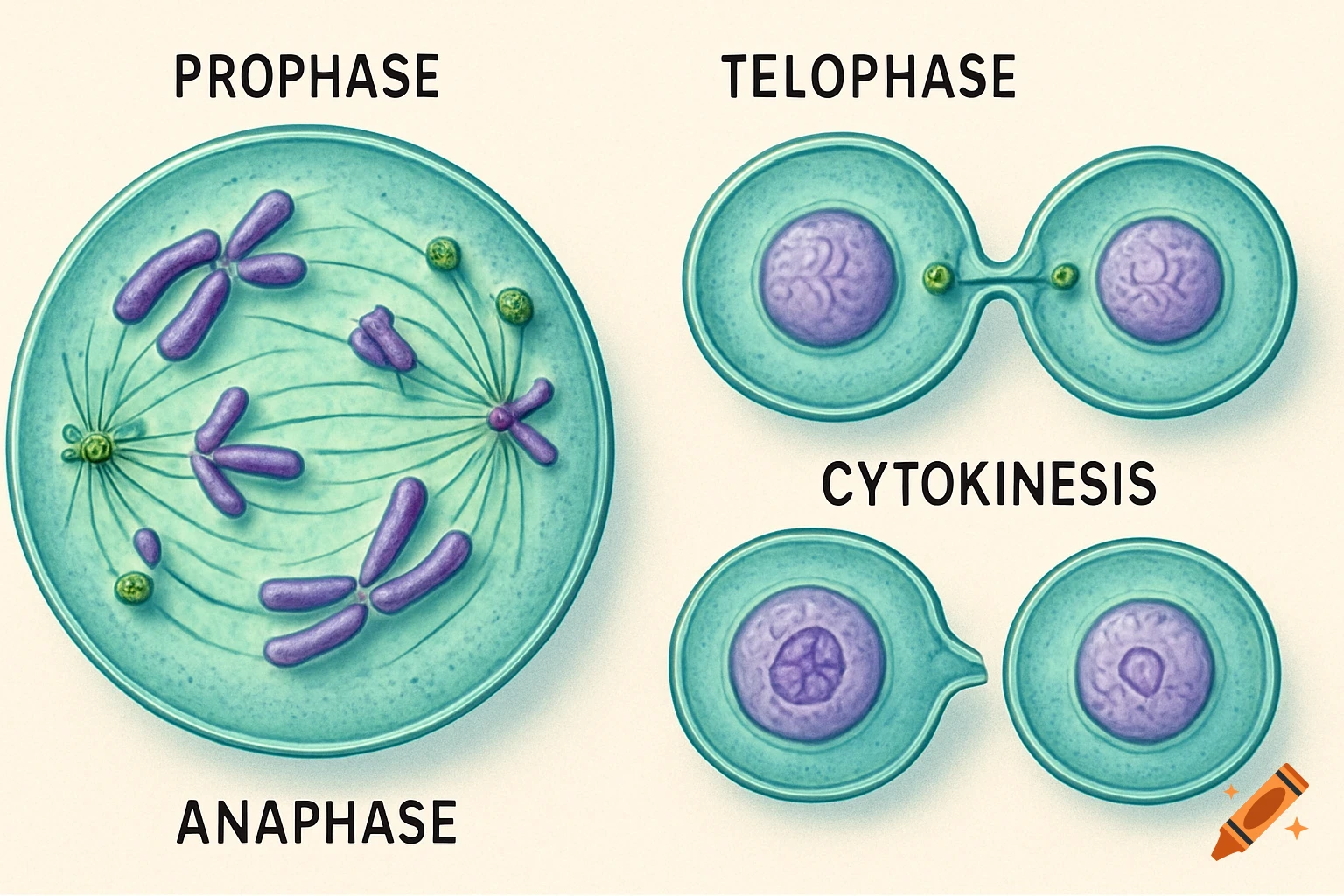 Diagram showing animal cell mitosis with stages labeled Prophase, Telophase, Anaphase, and Cytokinesis.