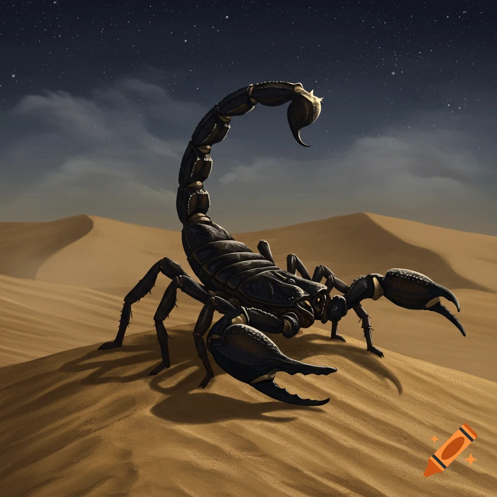 A large black scorpion stands on a sand dune in a desert at night under a starry sky.