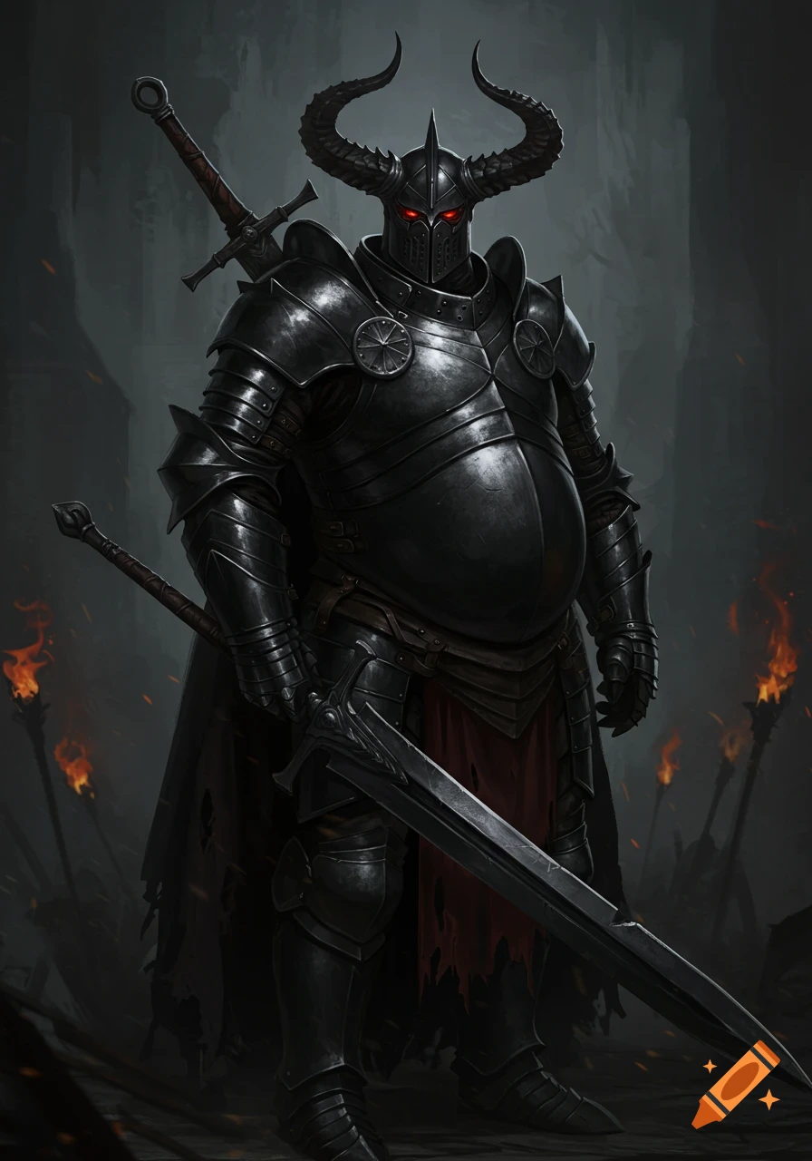 A formidable dark lord in black plate armor, horned helmet with glowing red eyes, and carrying a large sword, in a dark, ominous setting.