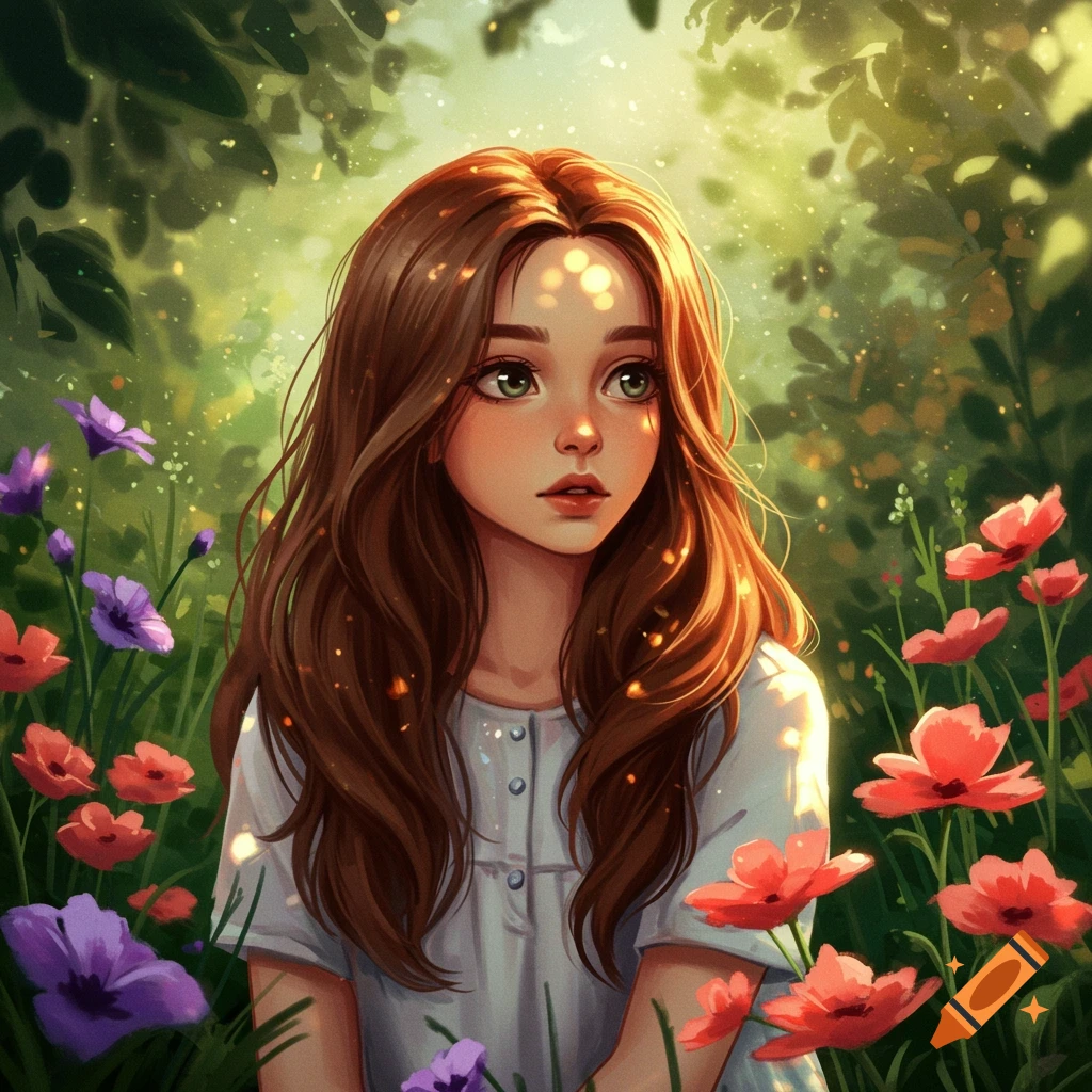 Anime-style illustration of a girl with long brown hair and green eyes, looking contemplative in a sun-dappled meadow with flowers.