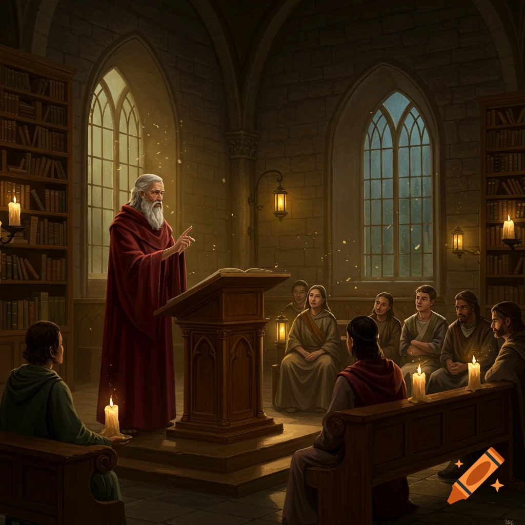 Elderly man in red robe teaches students in a candlelit, ancient stone room with bookshelves.
