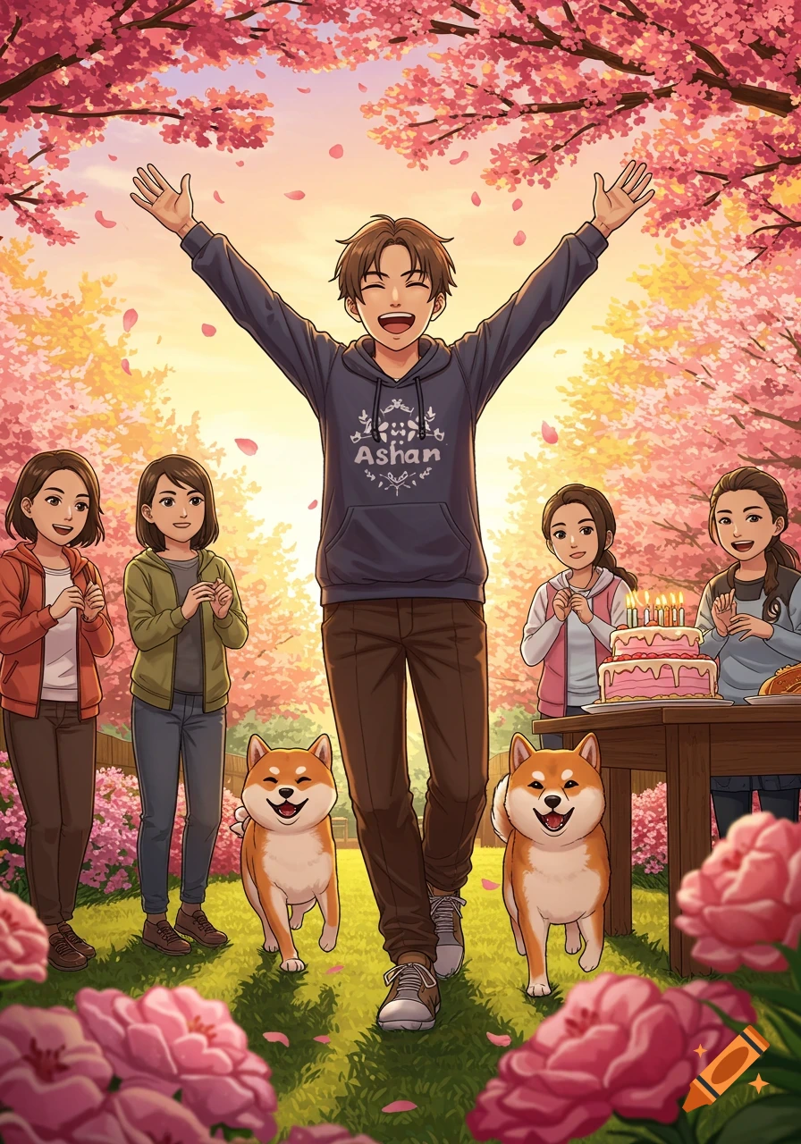 Anime man with arms raised, surrounded by friends, two Shiba Inus, and a birthday cake in a cherry blossom park.
