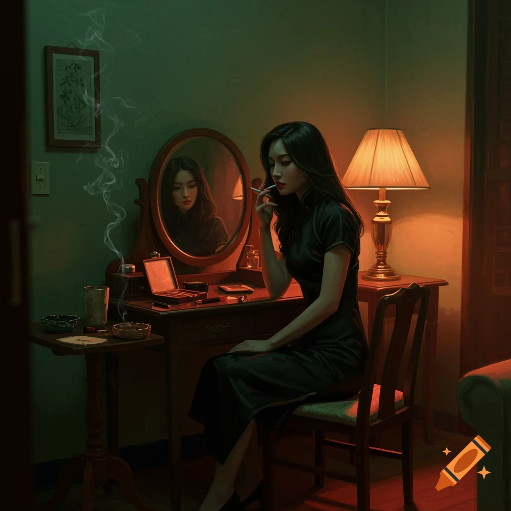 A woman in a black cheongsam sits at a dimly lit wooden vanity with a round mirror, smoking a cigarette. Warm light from a lamp illuminates her face.