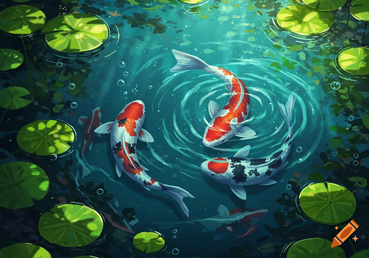 Vibrant painting of three koi fish swimming among green lily pads in a teal pond.