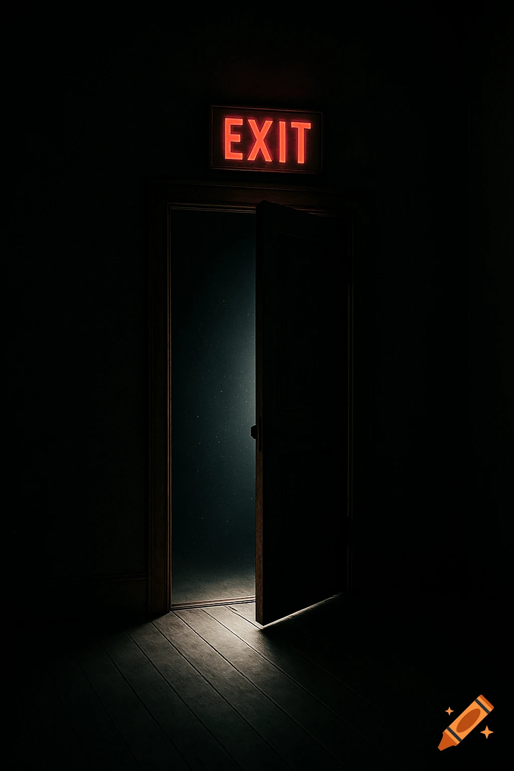 A dimly lit room with a glowing red 'EXIT' sign above a partially open door, revealing a bright light beyond.