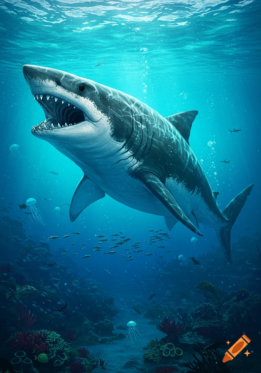 A large great white shark with its mouth open swims in a vibrant blue ocean, surrounded by smaller fish and coral reefs below, photorealistic.