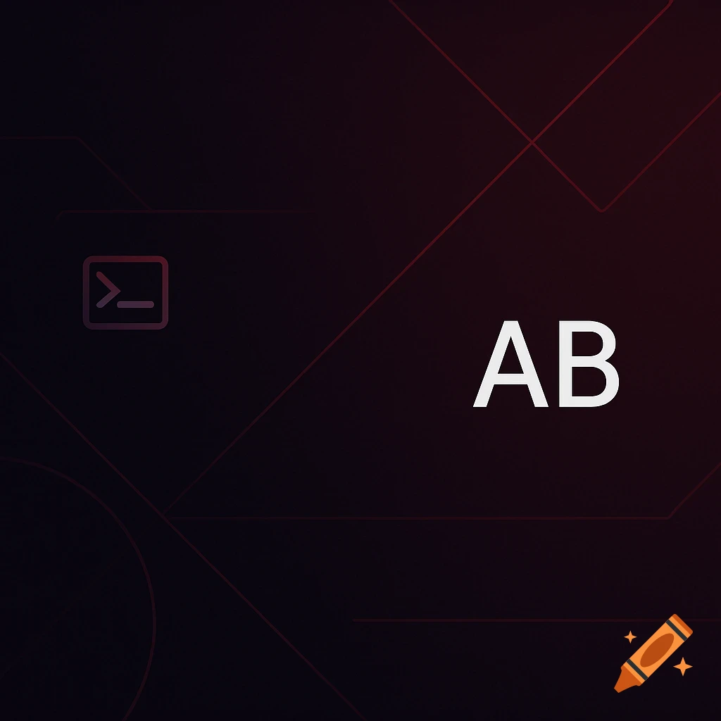 Minimalist dark tech banner with a terminal prompt icon, red geometric lines, and white letters 'AB'.