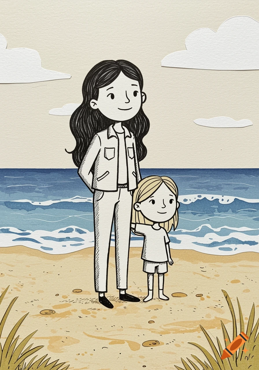 A hand-drawn, cut-out collage style illustration of two smiling girls on a sandy beach with blue waves and clouds.