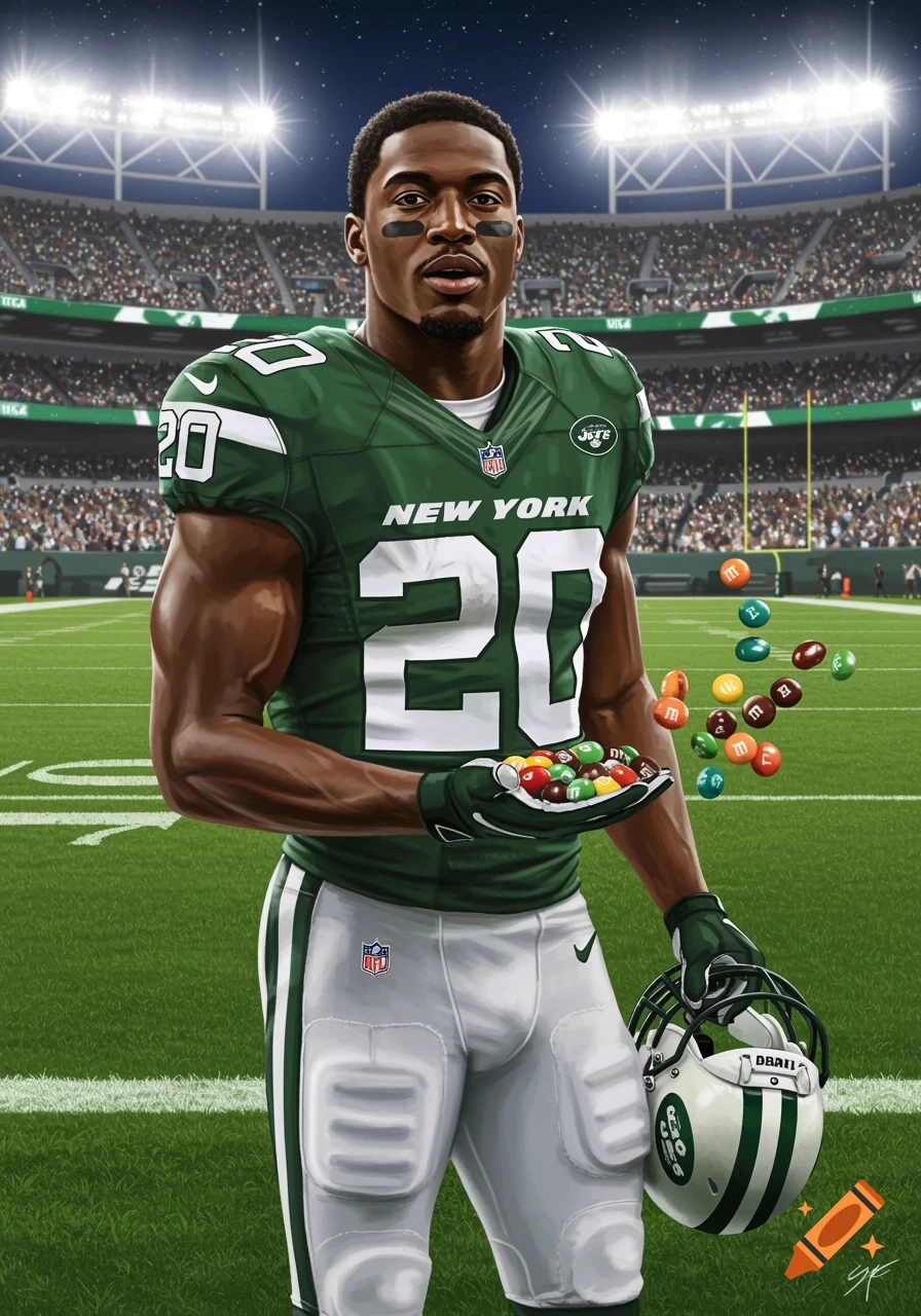 Illustration of a Black football player in a green New York Jets uniform, number 20, holding M&M candies on a football field.