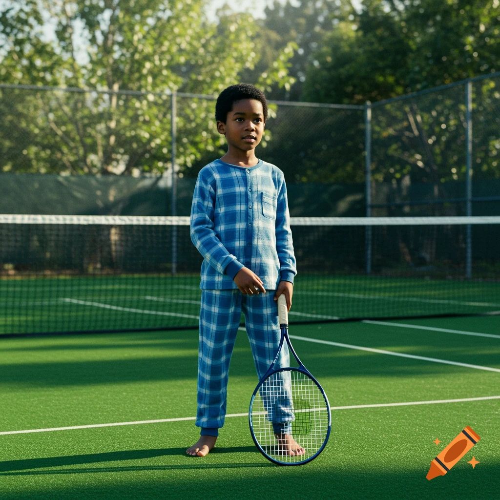 Young boy in blue plaid pajamas holds a tennis racket on a green tennis court, looking forward. Photorealistic style.