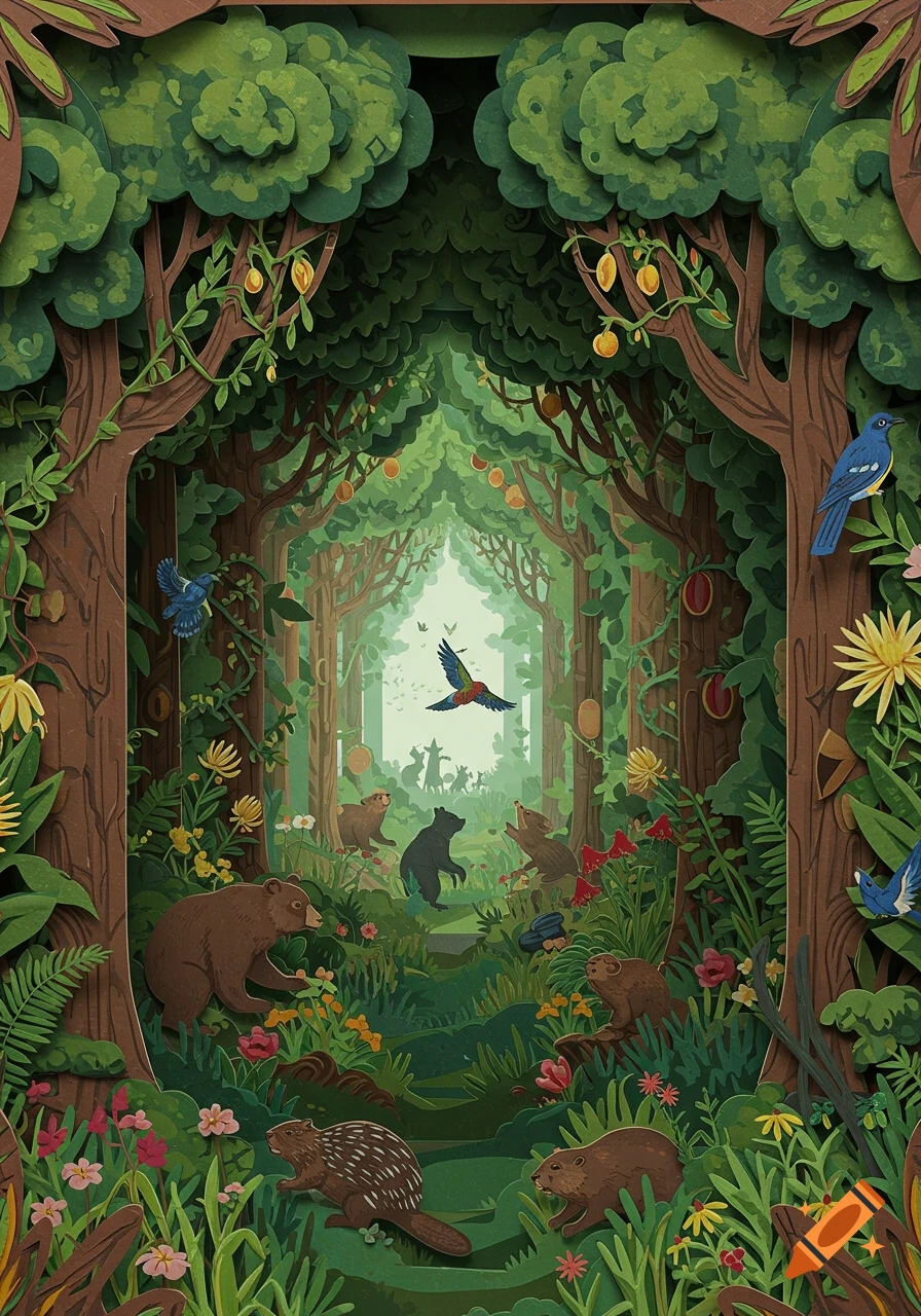 Vibrant layered paper-cut illustration of a dense forest with bears, beavers, a porcupine, and birds.