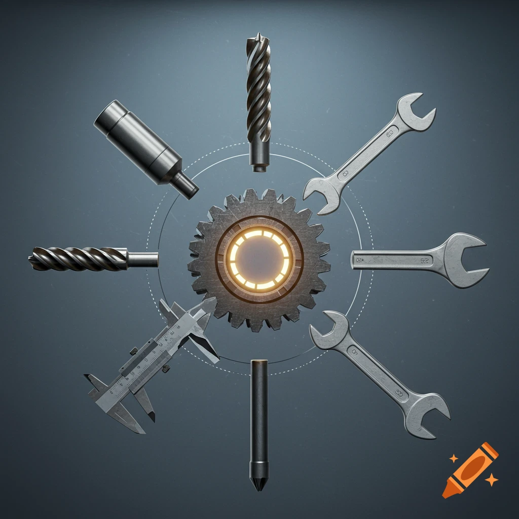 Various metal tools including wrenches, drill bits, and a caliper arranged around a central glowing gear on a dark background.