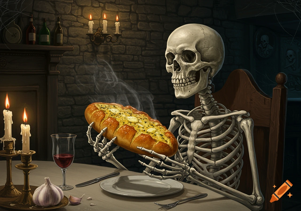 A skeleton sits at a candlelit table in a dark, stone-walled room, holding a steaming loaf of garlic bread.