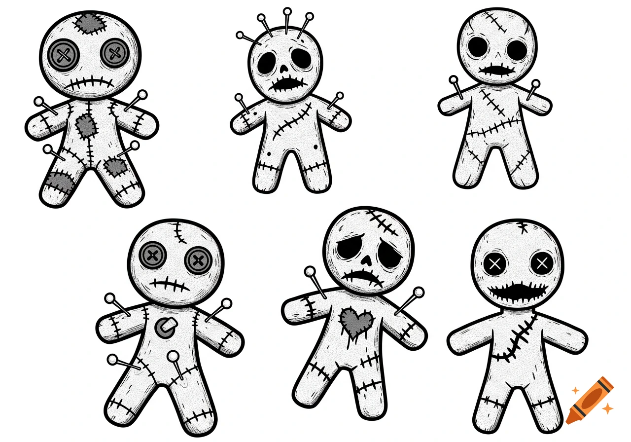 Six black and white clip art voodoo dolls with stitches, pins, and various expressions.