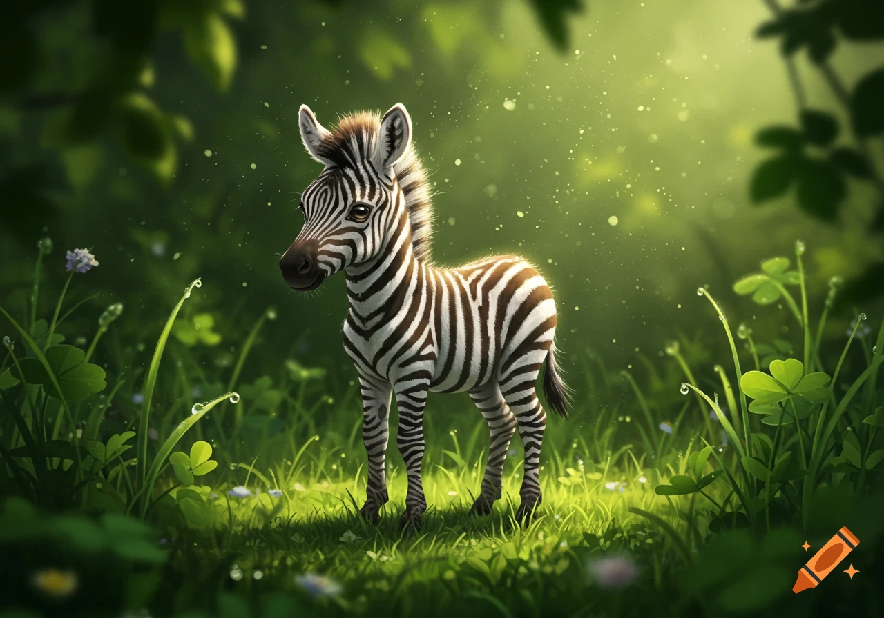 A cute, fluffy baby zebra stands in a lush, green forest with dappled sunlight and dewdrops on the grass, in an illustrated style.