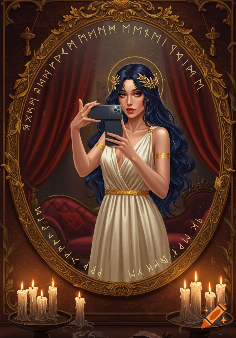 Digital painting of goddess Pheme in a white dress taking a selfie with an iPhone in a golden, rune-framed mirror, surrounded by candles.