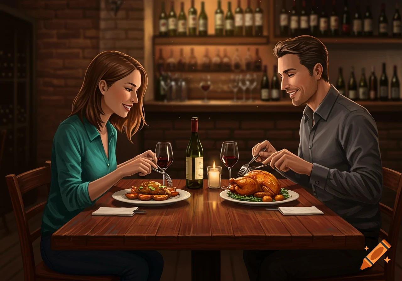 Illustrative depiction of a man and woman enjoying a candlelit dinner with chicken and wine at a restaurant.