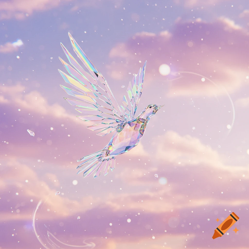 A shimmering crystal bird with rainbow facets flies through a soft pink and purple sky, surrounded by sparkling light.