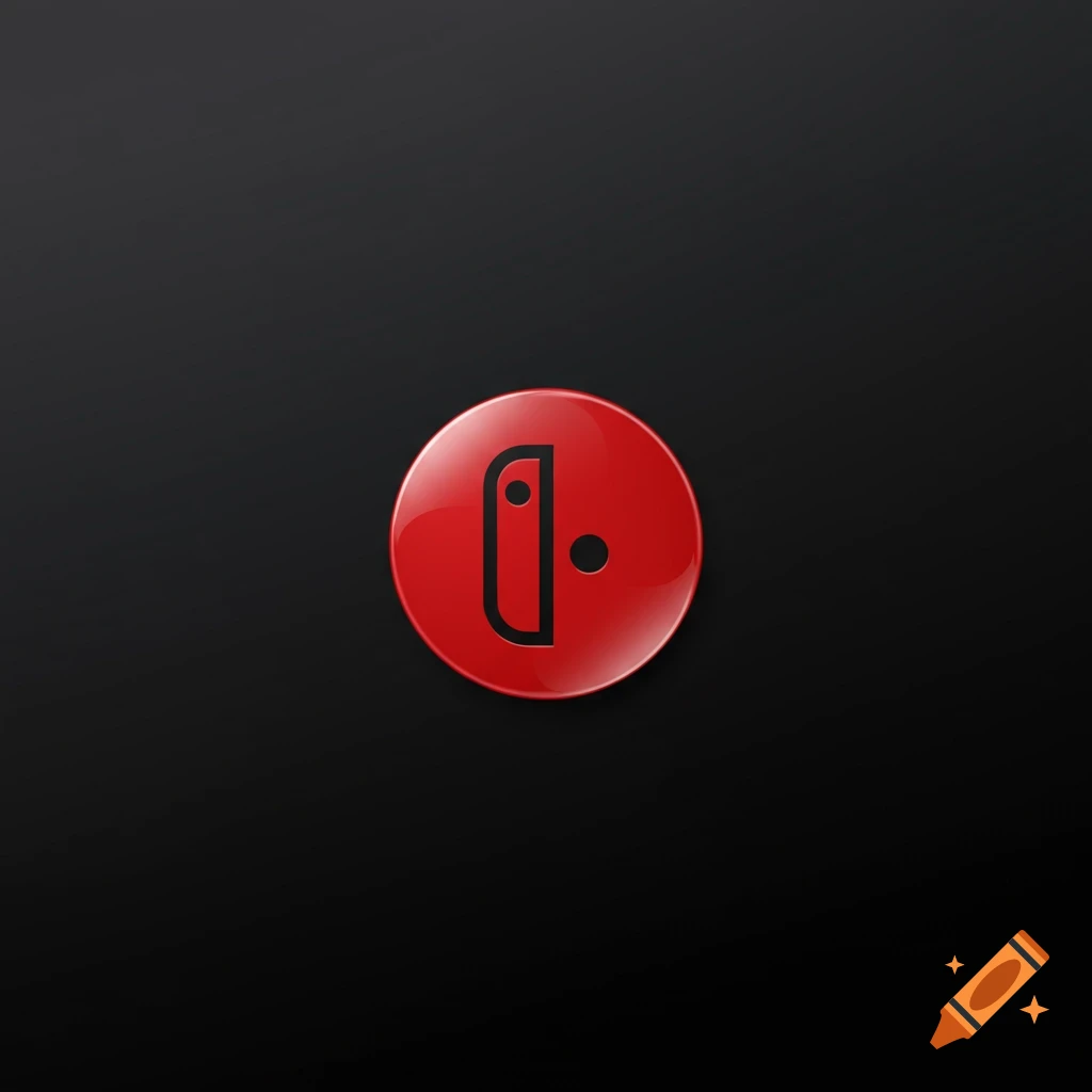 A glossy red circle with a black, stylized 'i' or power button symbol and a small dot, set against a dark gray background.