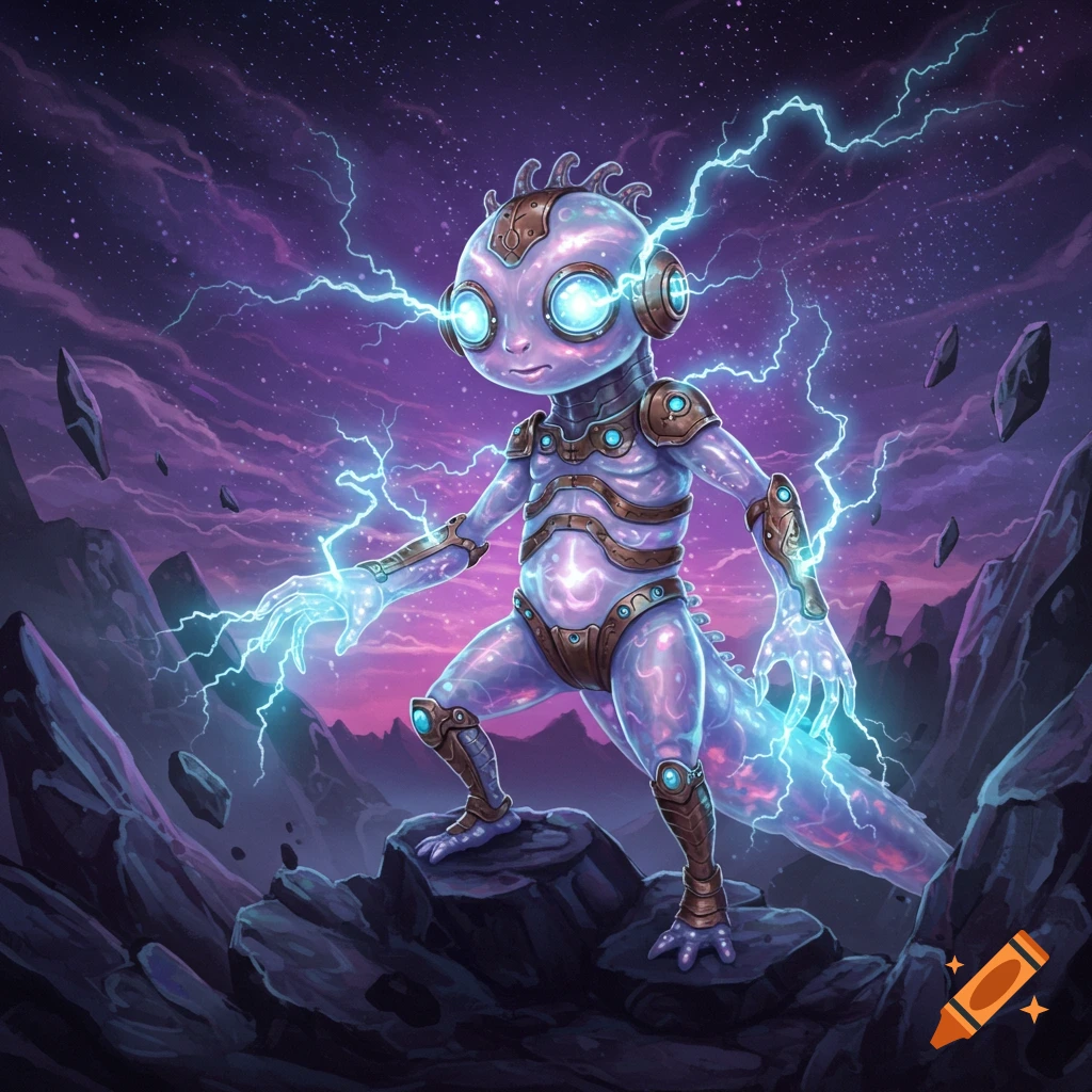 A stylized purple alien creature with glowing eyes and metallic armor, generating blue lightning on a rocky alien planet under a starry purple sky.