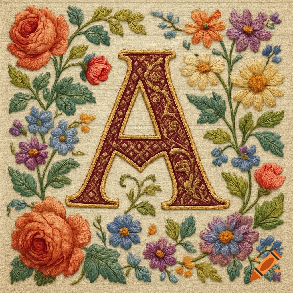 An ornate embroidered capital letter A, surrounded by colorful embroidered flowers and leaves.