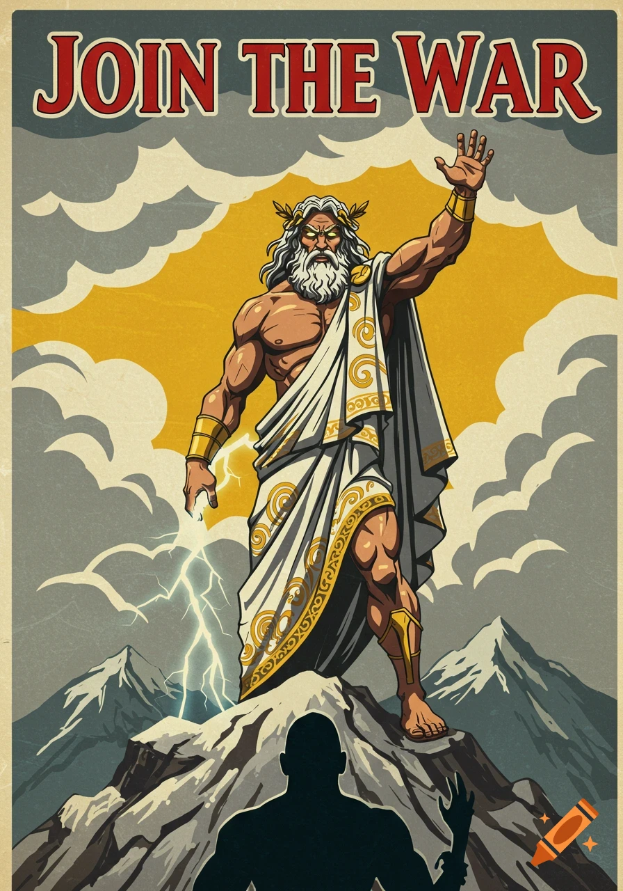 Vintage propaganda poster of a muscular Zeus holding a lightning bolt on a mountain peak, with the text "JOIN THE WAR".