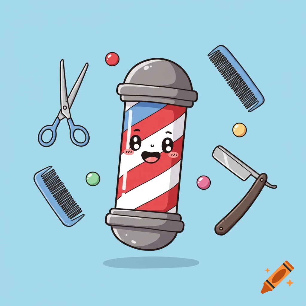 A cute, smiling cartoon barber pole with scissors, combs, and a razor floating on a light blue background.