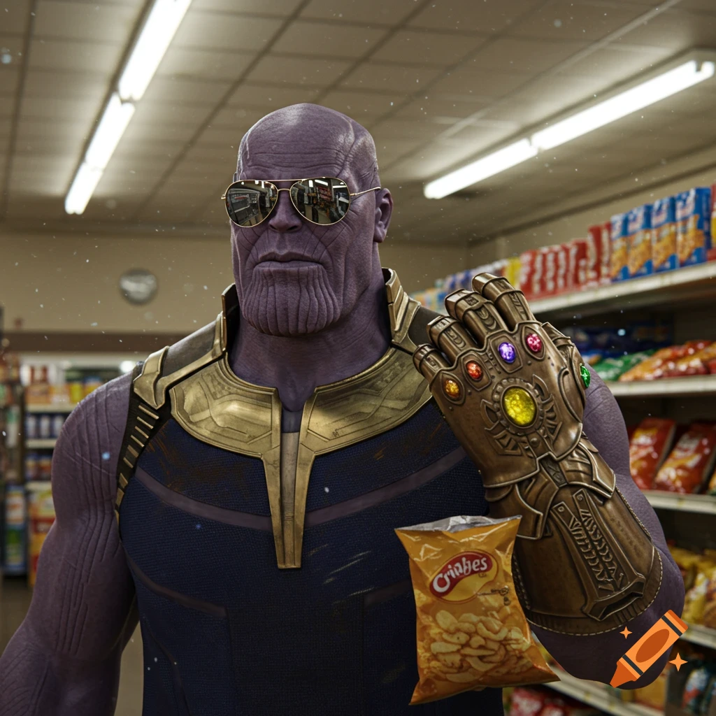 Photorealistic image of Thanos wearing aviator sunglasses, holding a bag of chips and the Infinity Gauntlet, standing in a grocery store aisle.