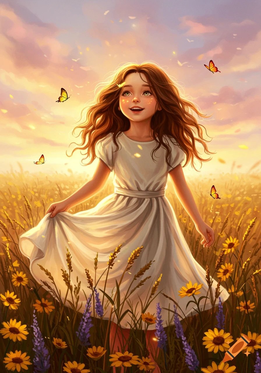 Illustrative digital art of a smiling young girl in a white dress standing in a field of wildflowers with butterflies at sunset.