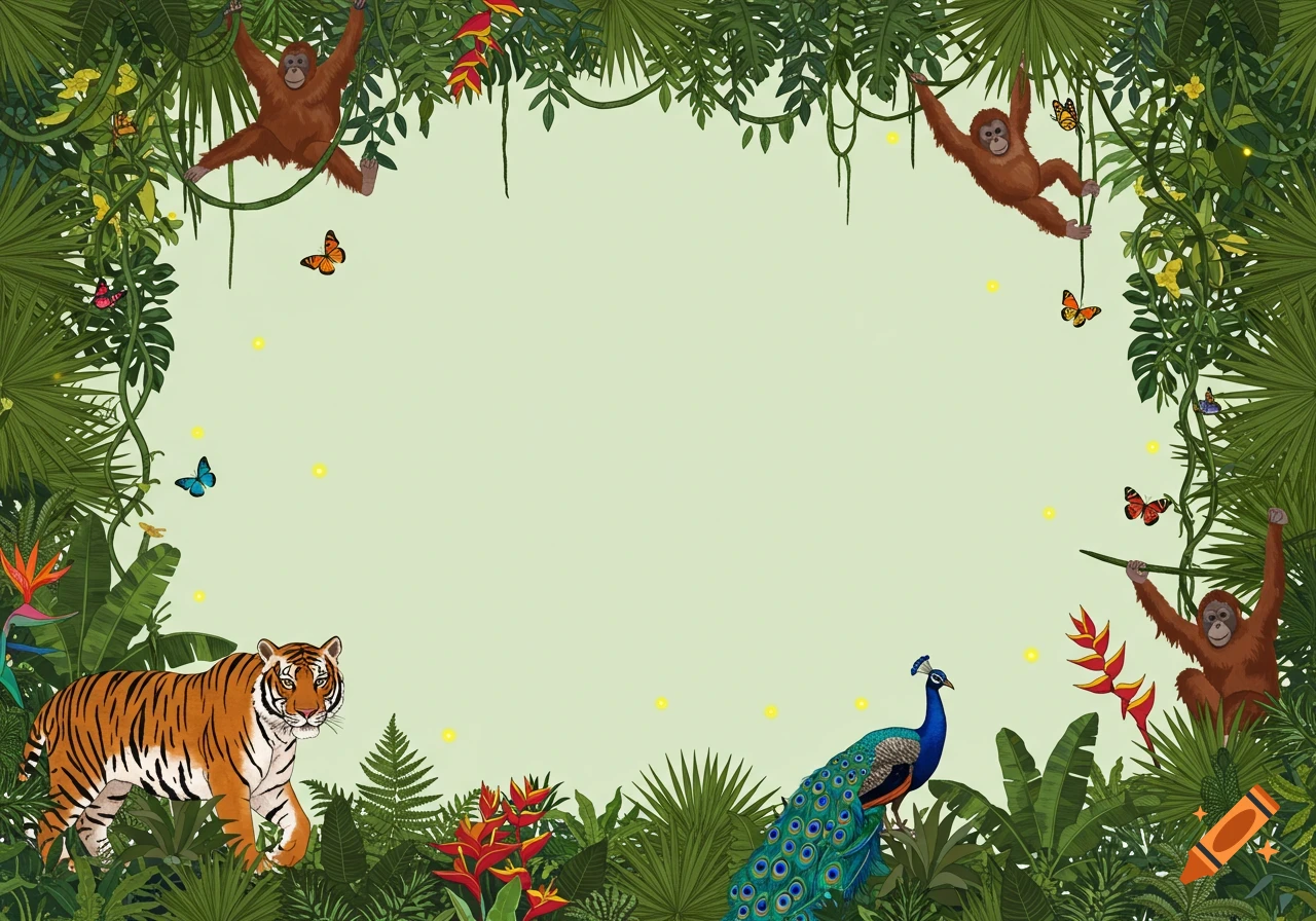 A vibrant illustration of a jungle border with a tiger, peacock, orangutans, butterflies, and fireflies on a pale green background.