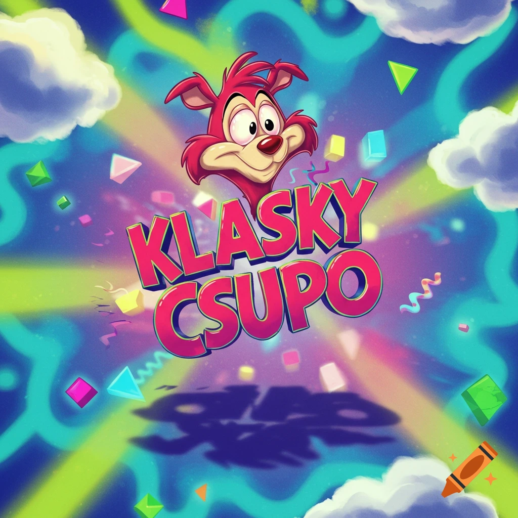 A red cartoon dog character above pink 'KLASKY CSUPO' text on a vibrant, colorful, psychedelic background with clouds.