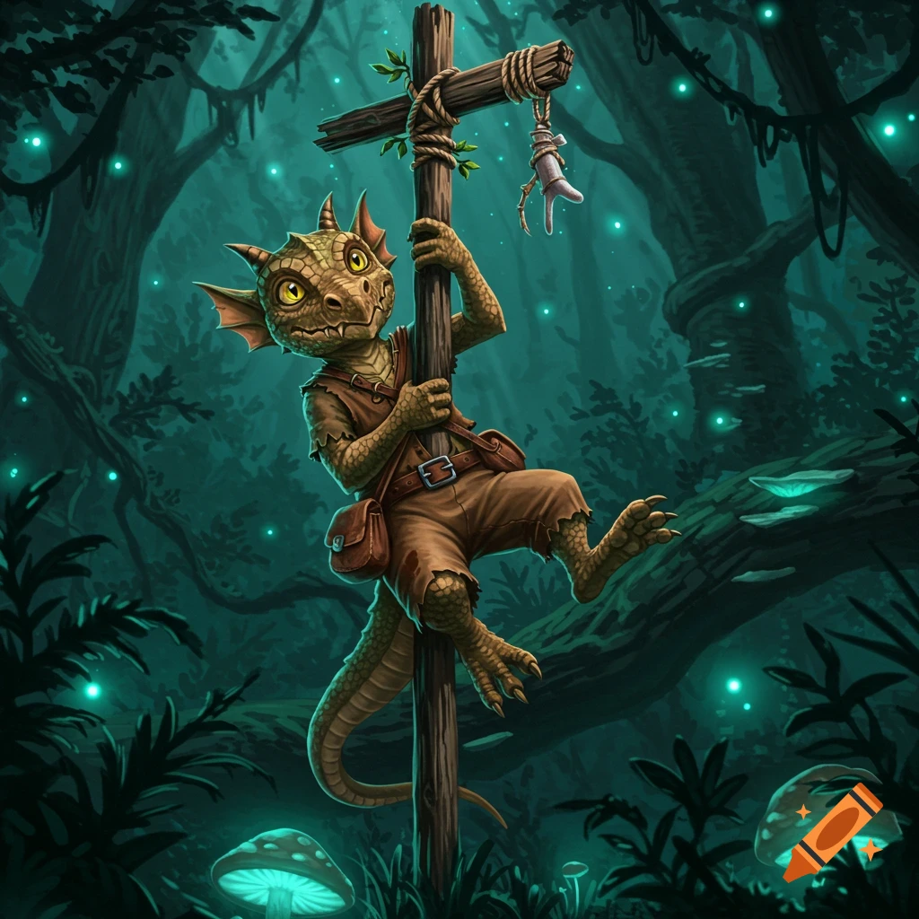 A green-skinned kobold with large yellow eyes clings to a wooden pole in a dark, magical forest with glowing mushrooms.