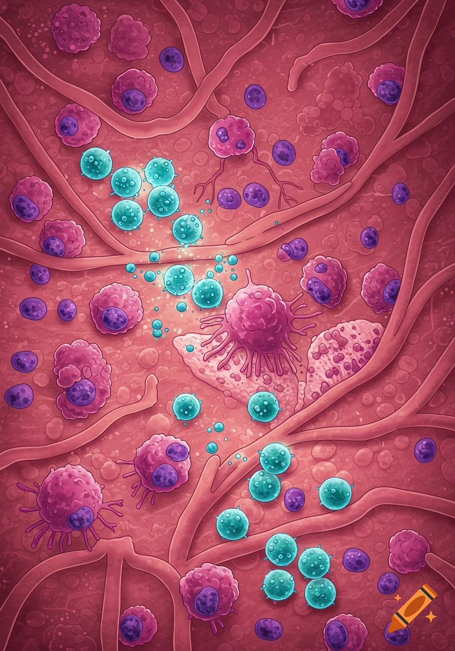 Cartoon illustration of magenta cancer and purple immune cells in pink tissue, with teal cells nearby.