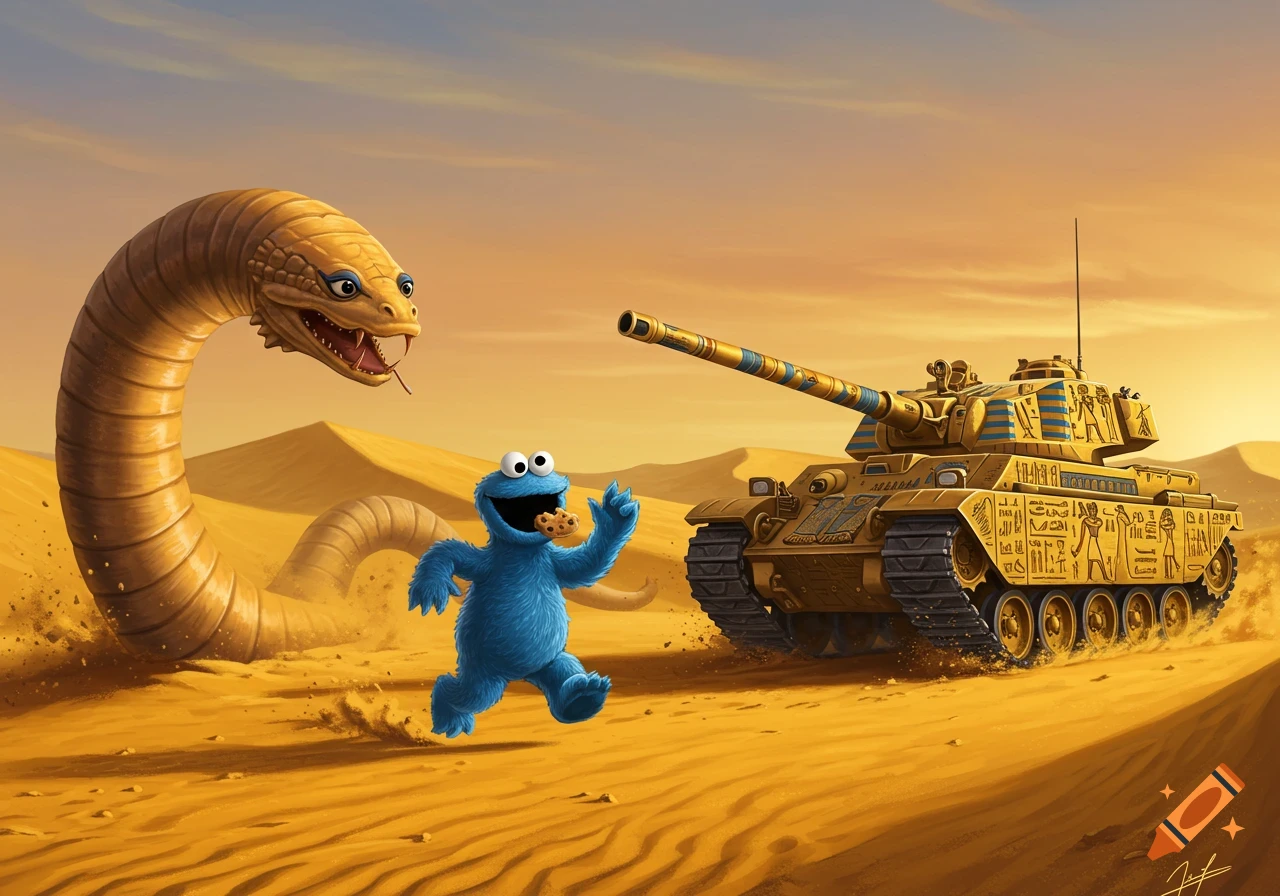 Cookie Monster runs with a cookie in a sandy desert, a large sandworm rising behind him, and an ancient Egyptian-decorated tank drives nearby.
