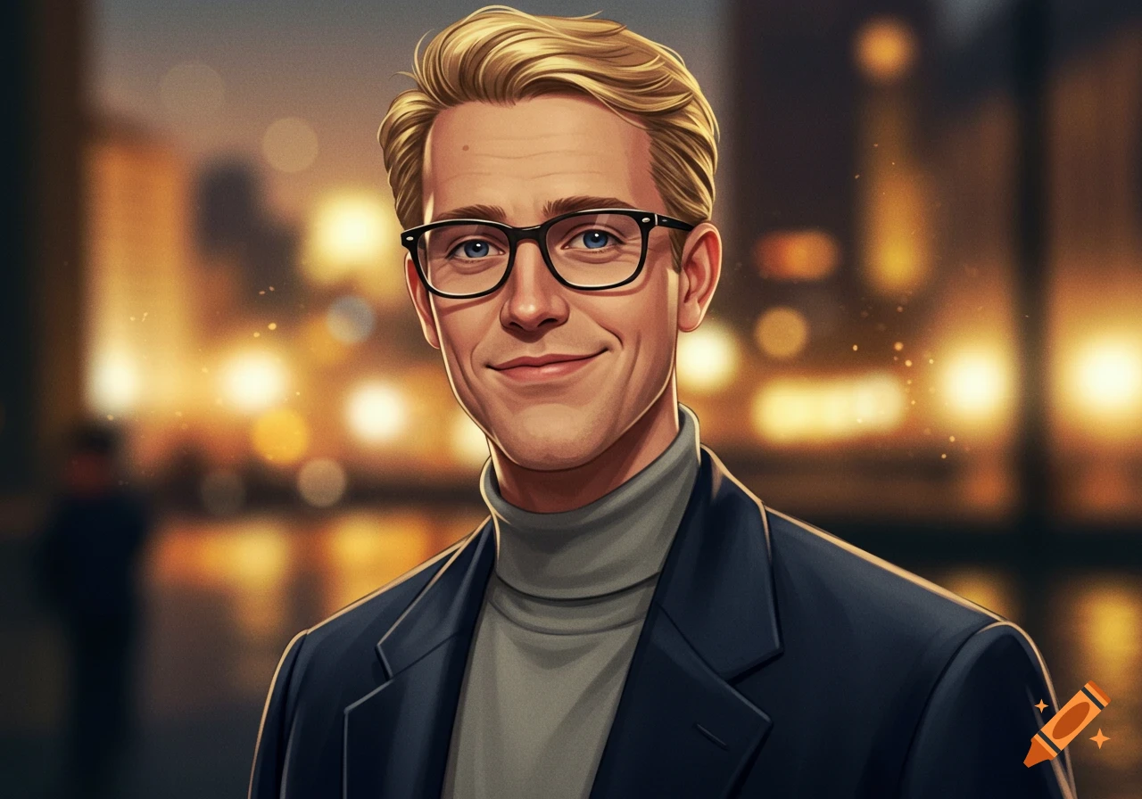 A smiling man with blonde hair and glasses in a gray turtleneck and dark suit jacket, against a blurred background of golden city lights.