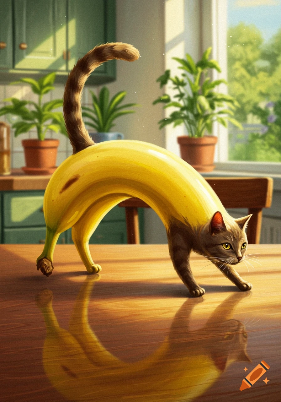 A whimsical cat-banana hybrid with a banana body and cat head and tail, prowls across a wooden kitchen table. Sunlight streams from a window in the background.