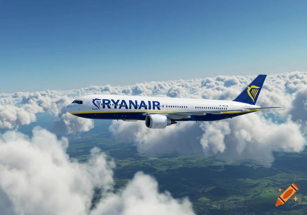 A photorealistic image of a Ryanair airplane flying high above clouds and green landscape on a sunny day.