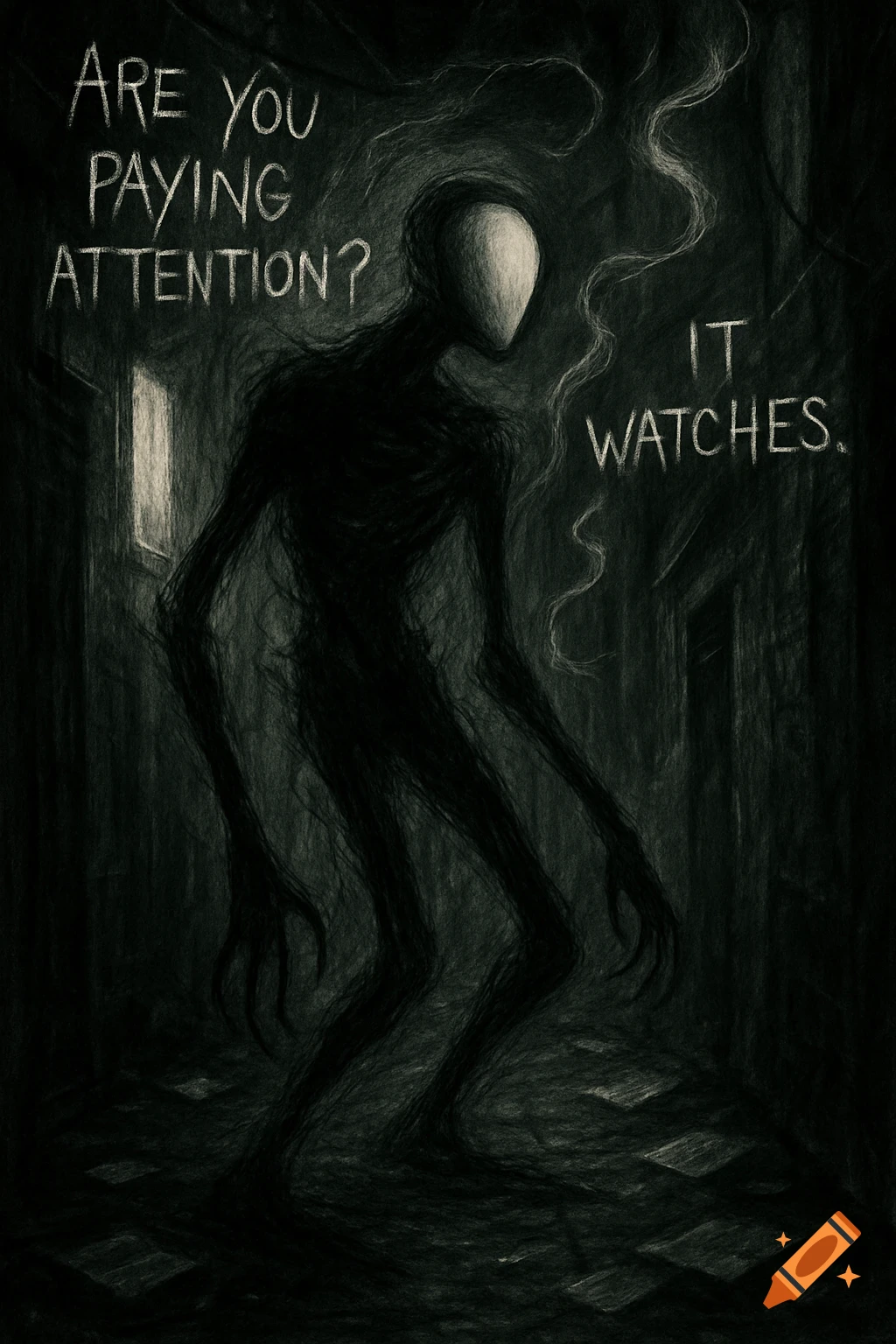 A creepy, scratchy, dark drawing of a tall, thin, faceless humanoid figure with stretched limbs in a shadowy room, with text that reads 'ARE YOU PAYING ATTENTION?' and 'IT WATCHES.'