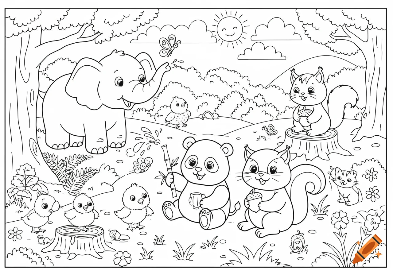 A black and white coloring page of cute cartoon animals including an elephant, panda, squirrels, and chicks in a forest setting.