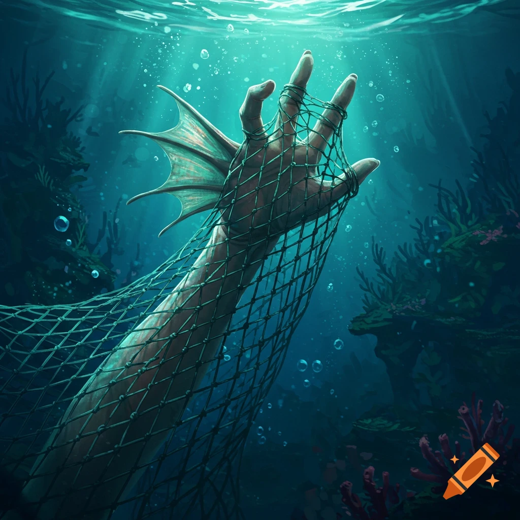 A green-blue webbed arm with long fingers caught in a fishing net underwater, with light rays and corals in the background.