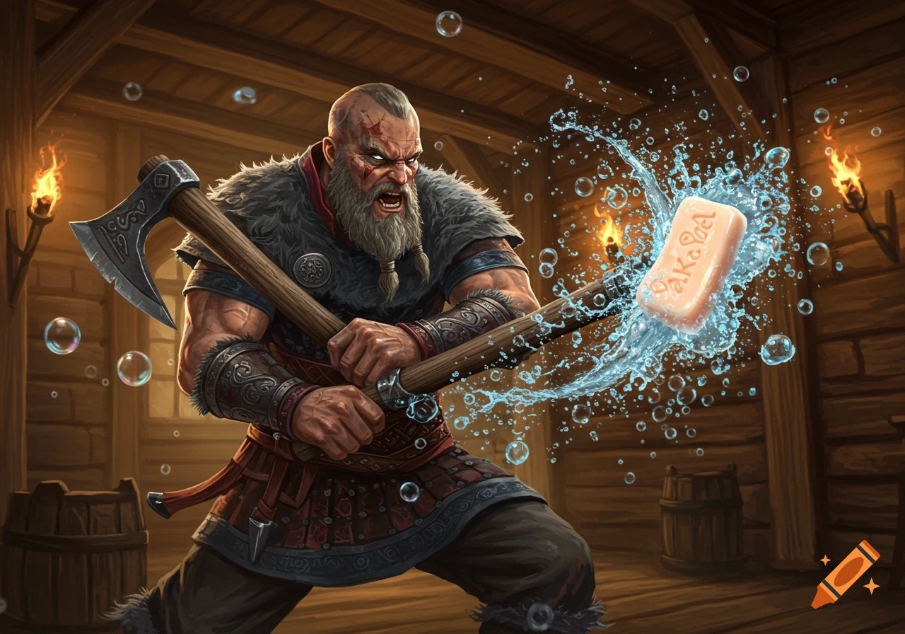 A fierce Viking warrior with an axe slices through a bar of soap, causing water and bubbles to splash in a wooden room.
