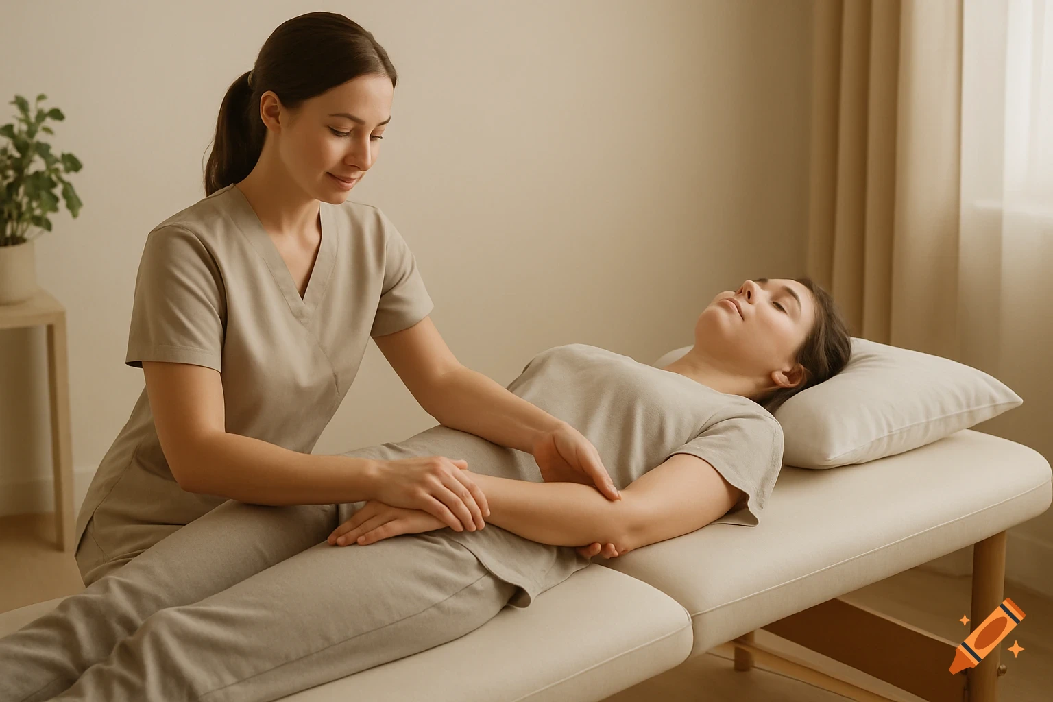 A female therapist performs arm exercises on a patient lying on a therapy table in a clinic.