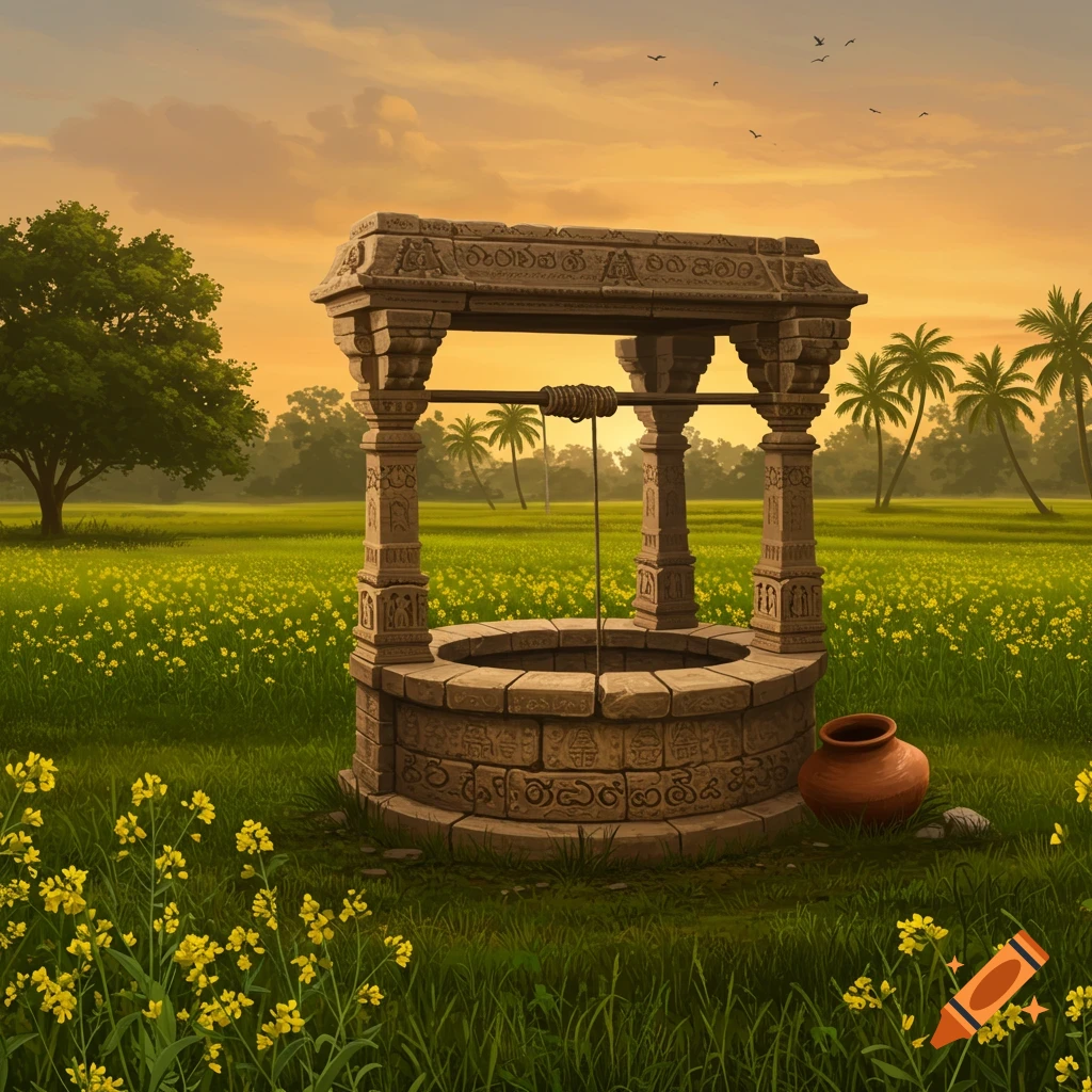 A stone well with an ornate canopy in a field of yellow flowers under a golden sunset sky, with palm trees in the background.