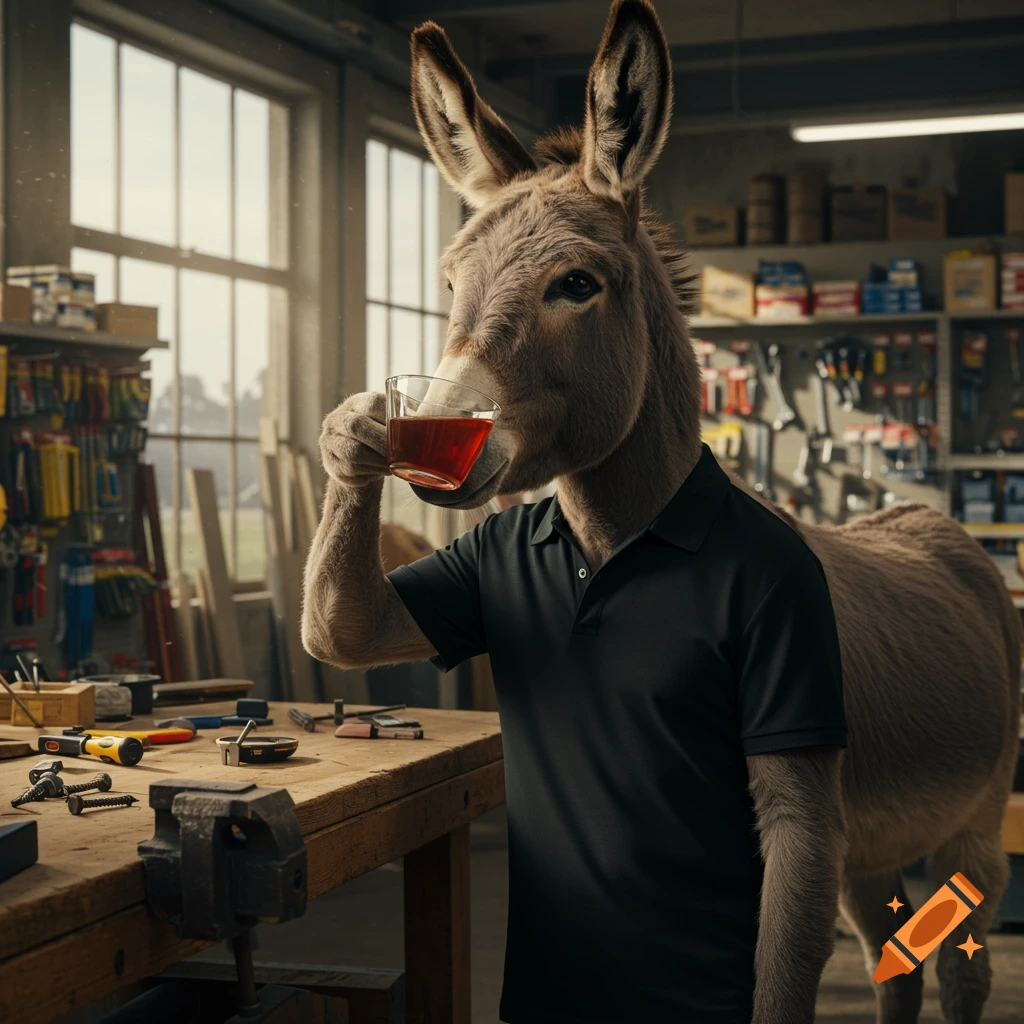 A photorealistic anthropomorphic donkey wearing a black polo shirt sips tea from a glass in a busy hardware store.