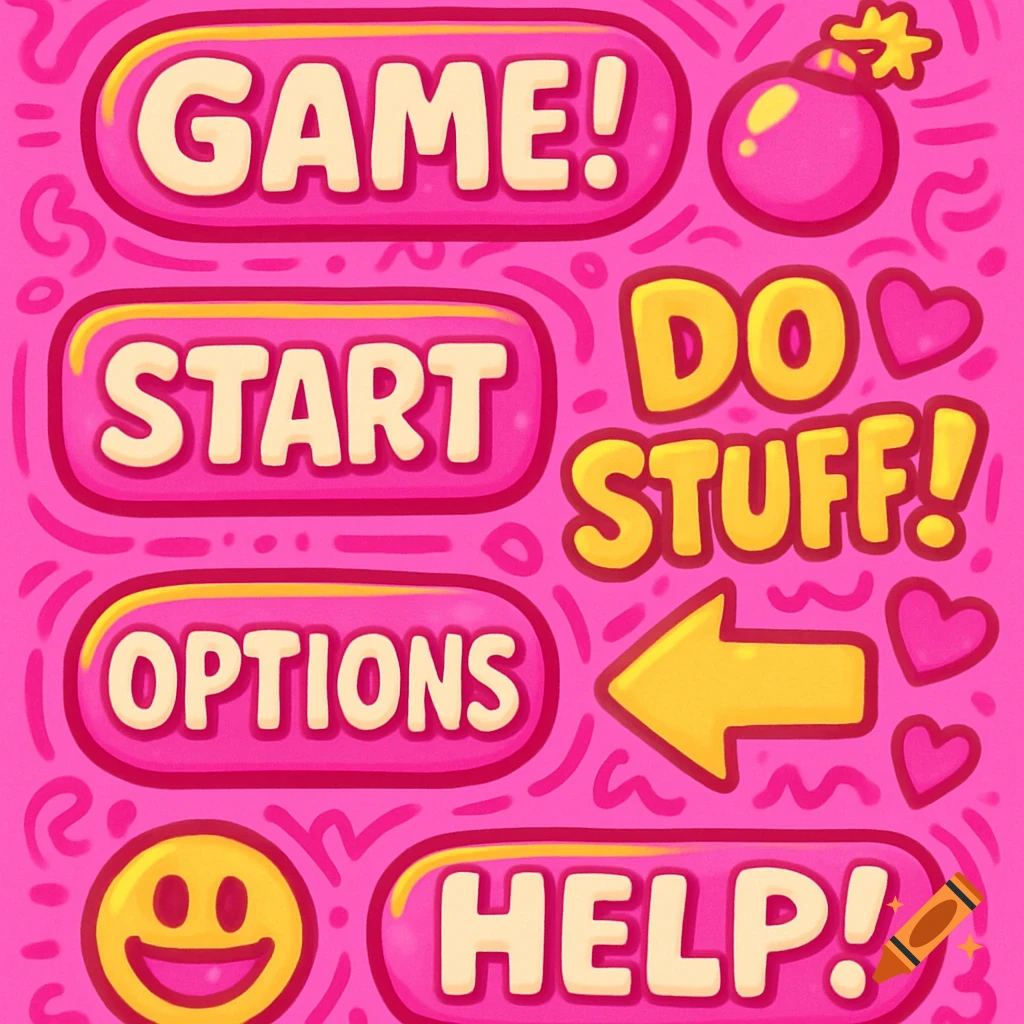 Pink cartoon game UI elements with buttons for GAME!, START, OPTIONS, HELP!, and DO STUFF!, featuring a bomb, arrow, and hearts.