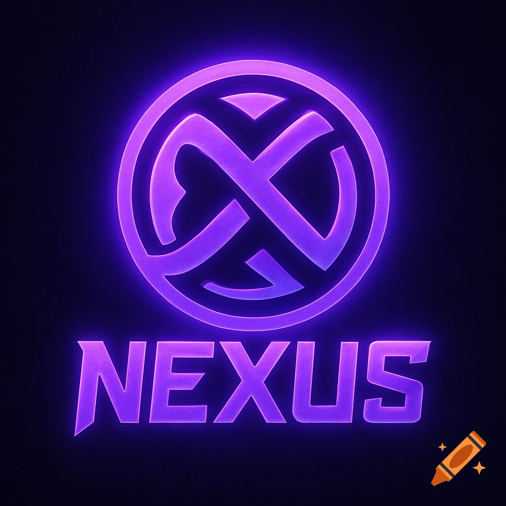 A glowing purple logo for an eSports team featuring a stylized emblem above the word NEXUS on a dark background.