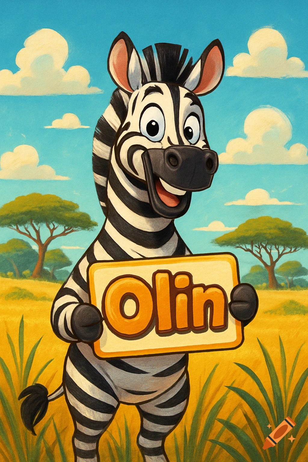 A cheerful cartoon zebra stands in a sunny savanna, holding a yellow sign with the name 'Olin' in orange text.