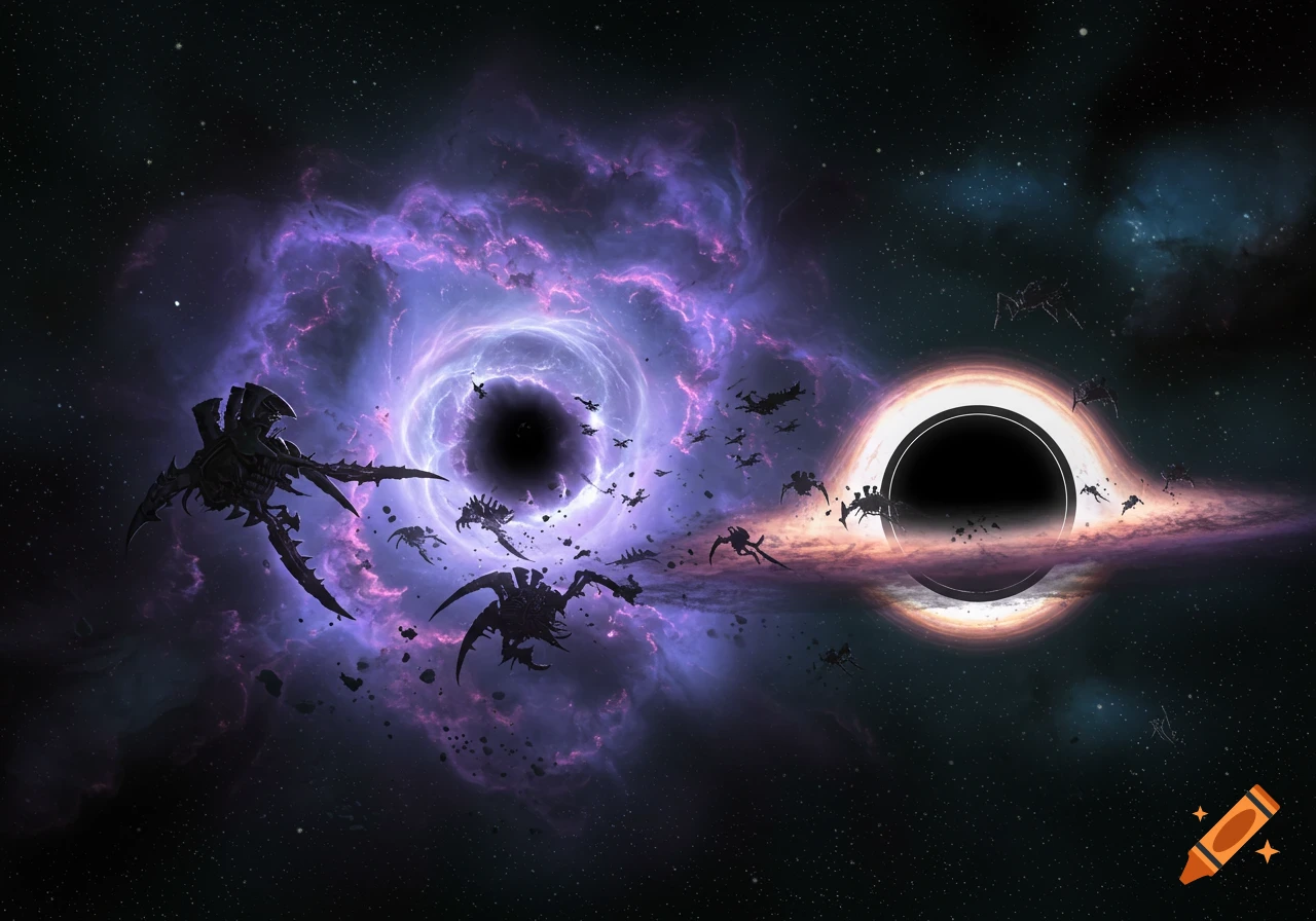 A Warhammer 40k Tyranid hive fleet of alien ships pulled into a black hole surrounded by a swirling purple nebula.