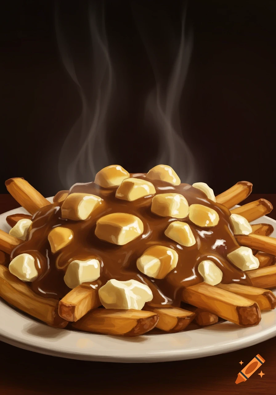 A close-up of a steaming plate of poutine with golden fries, melted brown gravy, and white cheese curds on a dark background, in a painterly style.